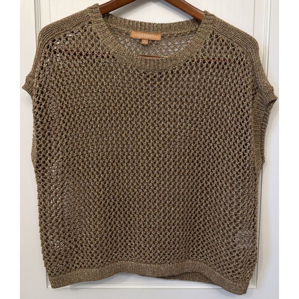 Ellen Tracy Metallic Gold Brown Mesh Knit Sweater Vest M Festival Going Out